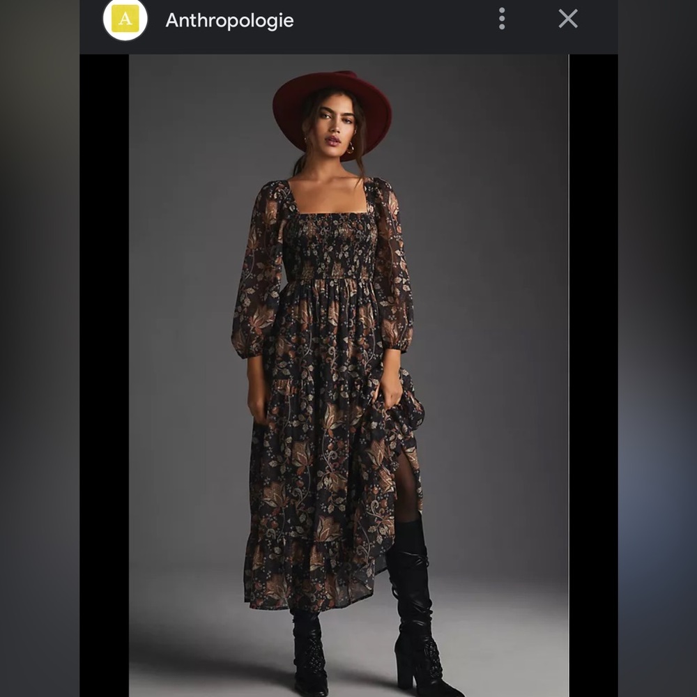 Letmebe Anthropologie long sleeve floral pattern black and brown maxi dress Med.